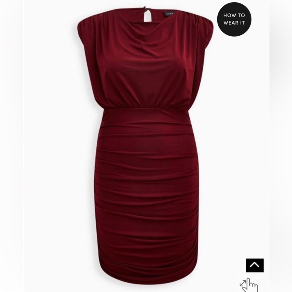 NWT Women’s Torrid Size 0/12 MINI STUDIO KNIT RUCHED DRESS Burgundy Short Sleeve - Picture 8 of 10
